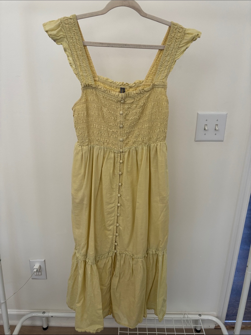 Anthropologie Pale Yellow Smocked Button-Front Midi Dress